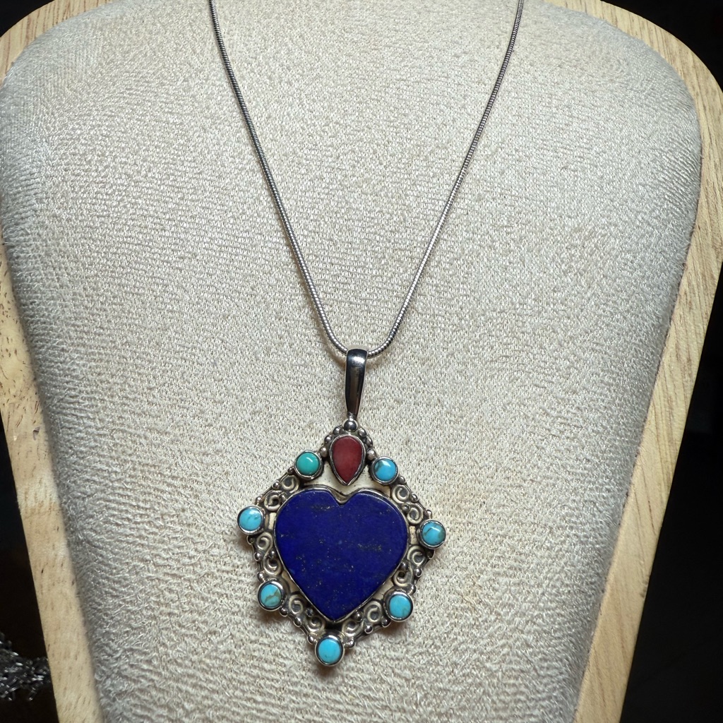 Sterling Silver Lapis Heart Pendant Necklace With Turquise And Red Coral Accents